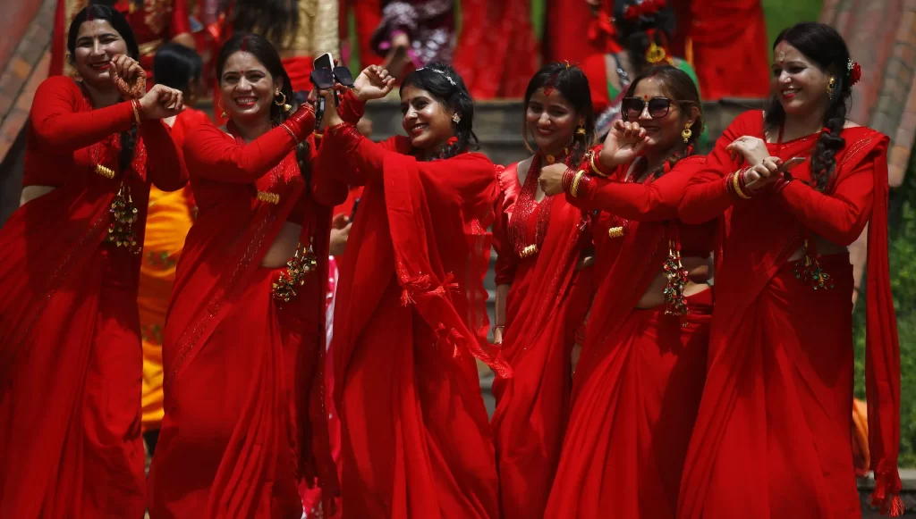 Nepali Hindu women dancing during the Teej festival in Pashupatinath Temple